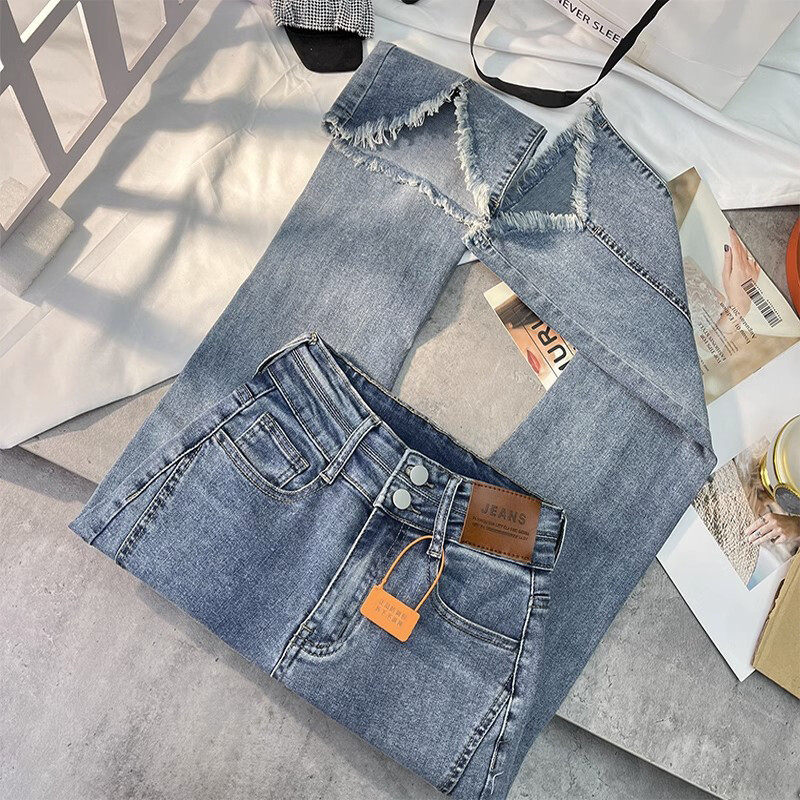 Salendavad kergelt laienevad kõrge vöökohaga teksad naiste mopipüksid sügis uus toore serv slim fit kergelt elastne toore servaga laienev püks