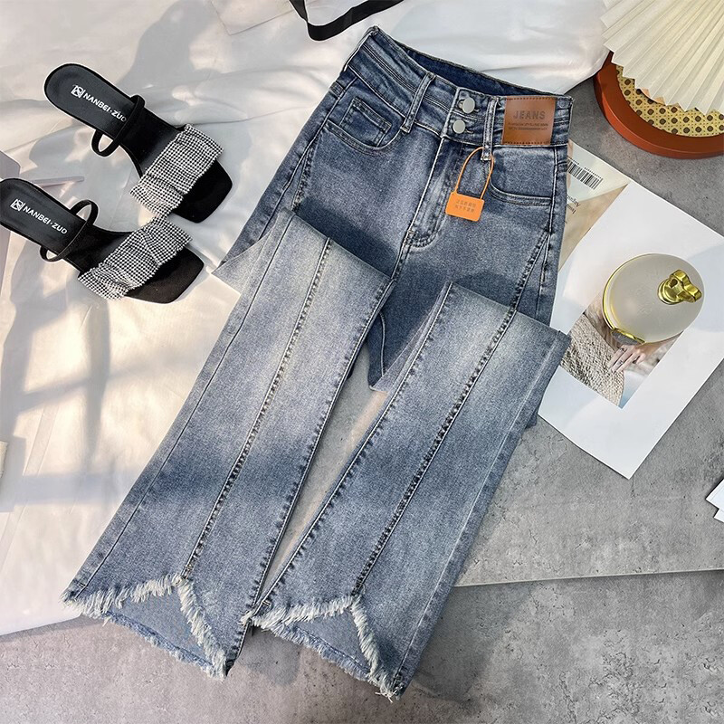 Salendavad kergelt laienevad kõrge vöökohaga teksad naiste mopipüksid sügis uus toore serv slim fit kergelt elastne toore servaga laienev püks