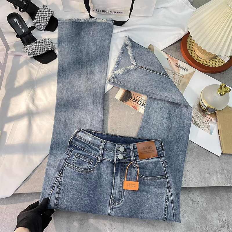 Salendavad kergelt laienevad kõrge vöökohaga teksad naiste mopipüksid sügis uus toore serv slim fit kergelt elastne toore servaga laienev püks