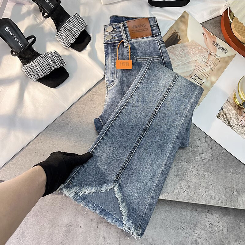 Salendavad kergelt laienevad kõrge vöökohaga teksad naiste mopipüksid sügis uus toore serv slim fit kergelt elastne toore servaga laienev püks