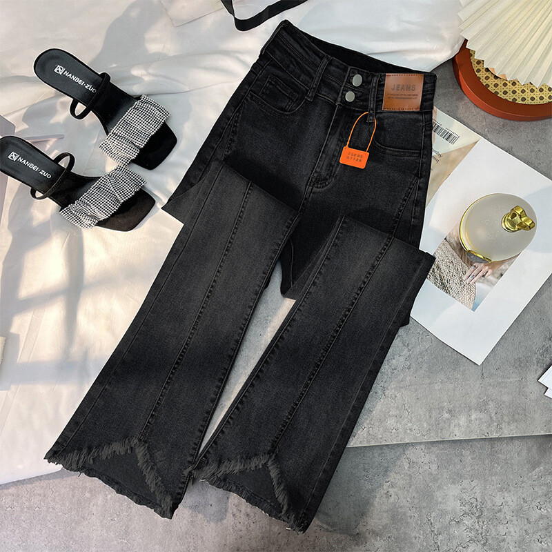 Salendavad kergelt laienevad kõrge vöökohaga teksad naiste mopipüksid sügis uus toore serv slim fit kergelt elastne toore servaga laienev püks