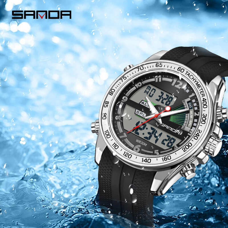 SANDA Novi G stil kvarcni muški sat s dva zaslona Vodootporan od nehrđajućeg čelika Poslovni sportski LED digitalni elektronički ručni sat
