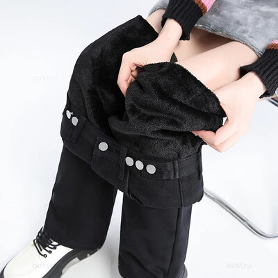 Zimske tople ženske traperice od debljeg flisa, toplinske ravne hlače s podesivim elastičnim visokim strukom, modne baršunaste ženske retro hlače
