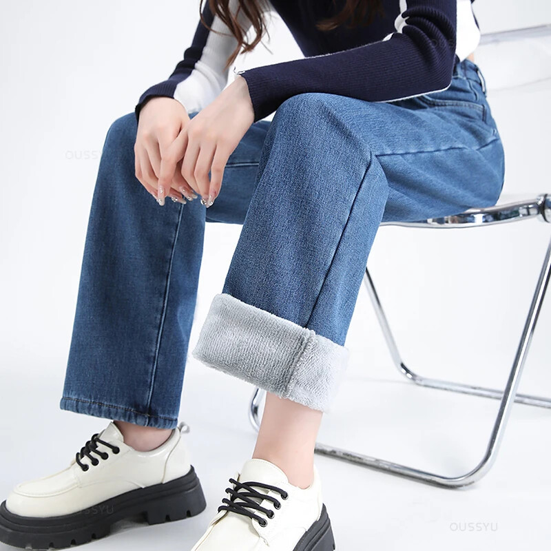 Zimske tople ženske traperice od debljeg flisa, toplinske ravne hlače s podesivim elastičnim visokim strukom, modne baršunaste ženske retro hlače