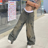 Y2k Style Χαμηλόμεσο φαρδύ τζιν με ξεθωριασμένο στυλ για γυναίκες