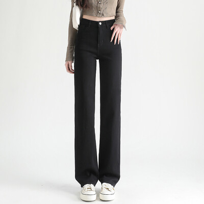 Uued Korea Stretch Denim Teksad Naiste sirge, Regulaarsel Fitness Pestav Rebitud laia säärega püksid Naiste Püksid Nelja hooaja