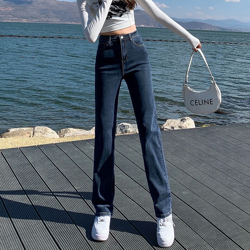 Uued Korea Stretch Denim Teksad Naiste sirge, Regulaarsel Fitness Pestav Rebitud laia säärega püksid Naiste Püksid Nelja hooaja