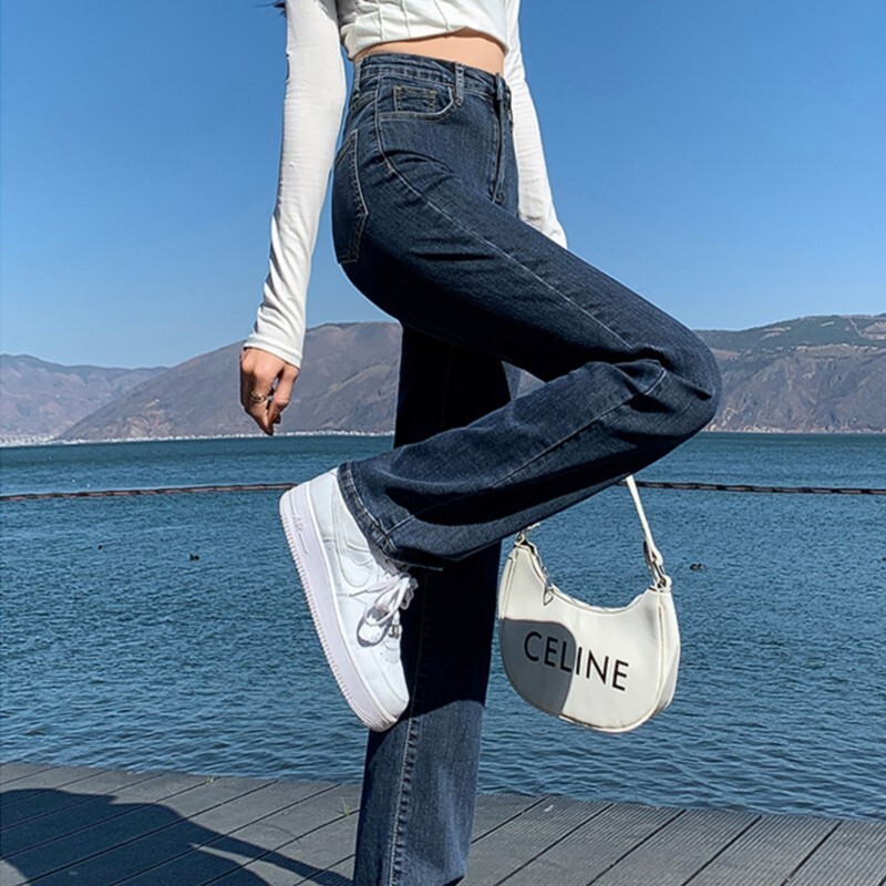 Uued Korea Stretch Denim Teksad Naiste sirge, Regulaarsel Fitness Pestav Rebitud laia säärega püksid Naiste Püksid Nelja hooaja