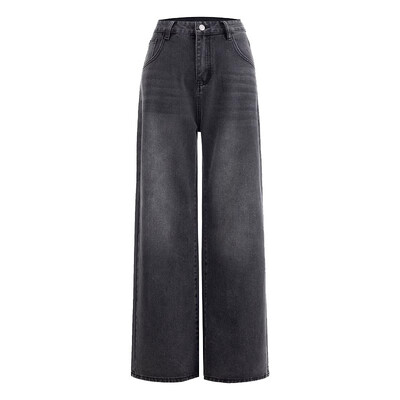 Ženske retro široke traperice visokog struka Ženske Harajuku široke hlače ravnih nogavica Djevojačke dizajnerske crne sive traper hlače