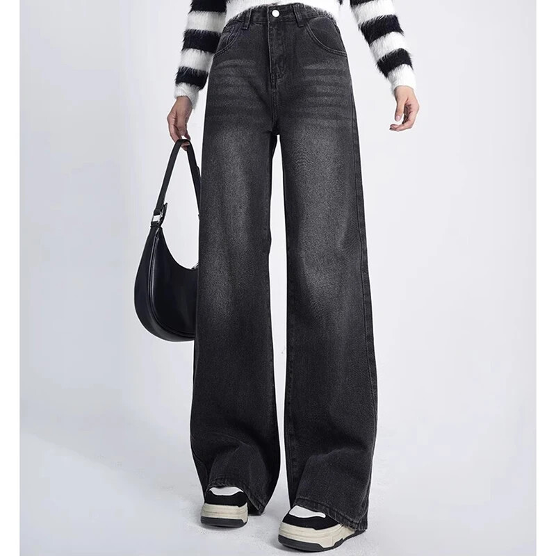 Ženske retro široke traperice visokog struka Ženske Harajuku široke hlače ravnih nogavica Djevojačke dizajnerske crne sive traper hlače