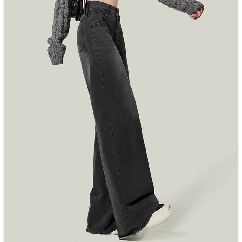 Ženske retro široke traperice visokog struka Ženske Harajuku široke hlače ravnih nogavica Djevojačke dizajnerske crne sive traper hlače