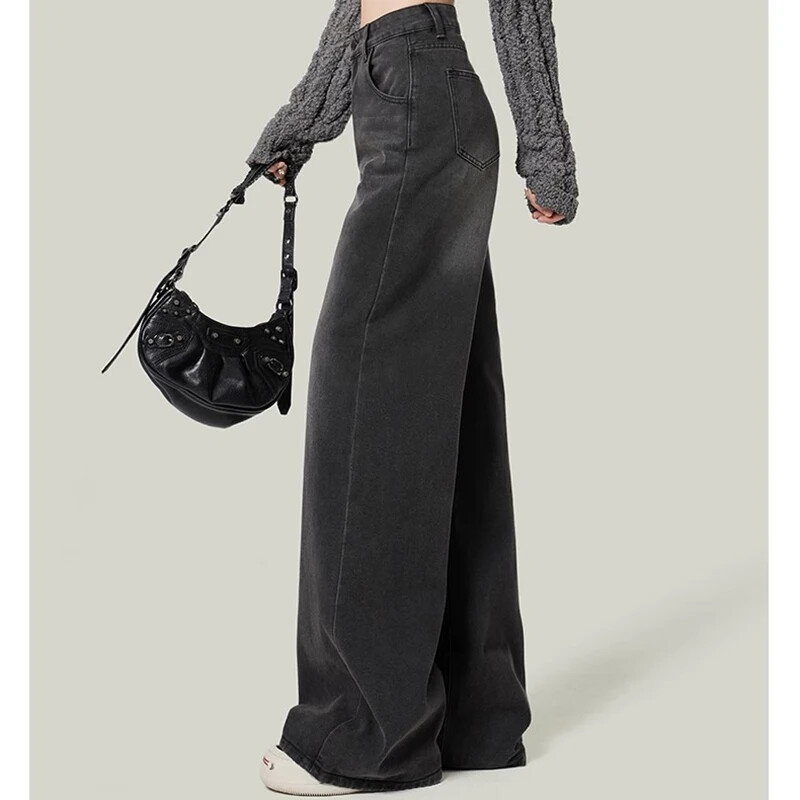 Ženske retro široke traperice visokog struka Ženske Harajuku široke hlače ravnih nogavica Djevojačke dizajnerske crne sive traper hlače