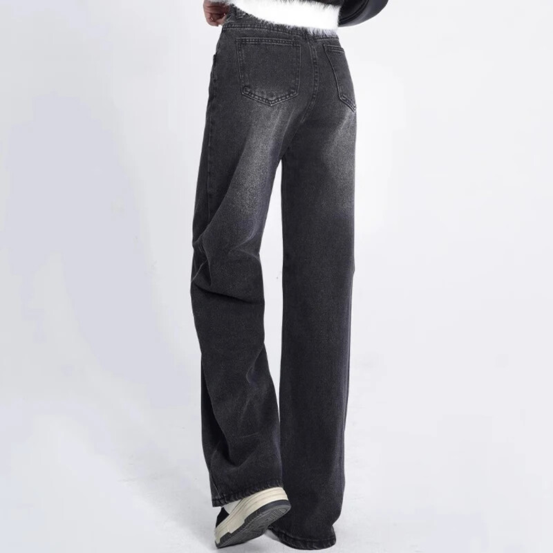 Ženske retro široke traperice visokog struka Ženske Harajuku široke hlače ravnih nogavica Djevojačke dizajnerske crne sive traper hlače
