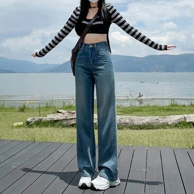 Ženske široke traperice, ravne, rastezljive modne, potpuno nove traper hlače za četiri sezone