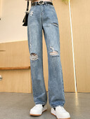 Ženske modne široke poderane traperice ravnih nogavica Ženske ulične hlače s rupama visokog struka Žensko plave cool gotičke prevelike traper hlače