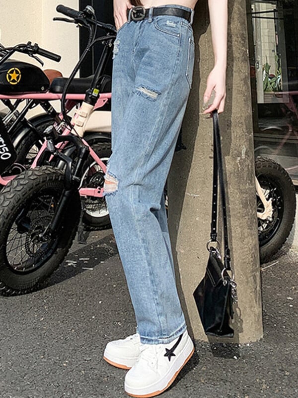 Ženske modne široke poderane traperice ravnih nogavica Ženske ulične hlače s rupama visokog struka Žensko plave cool gotičke prevelike traper hlače