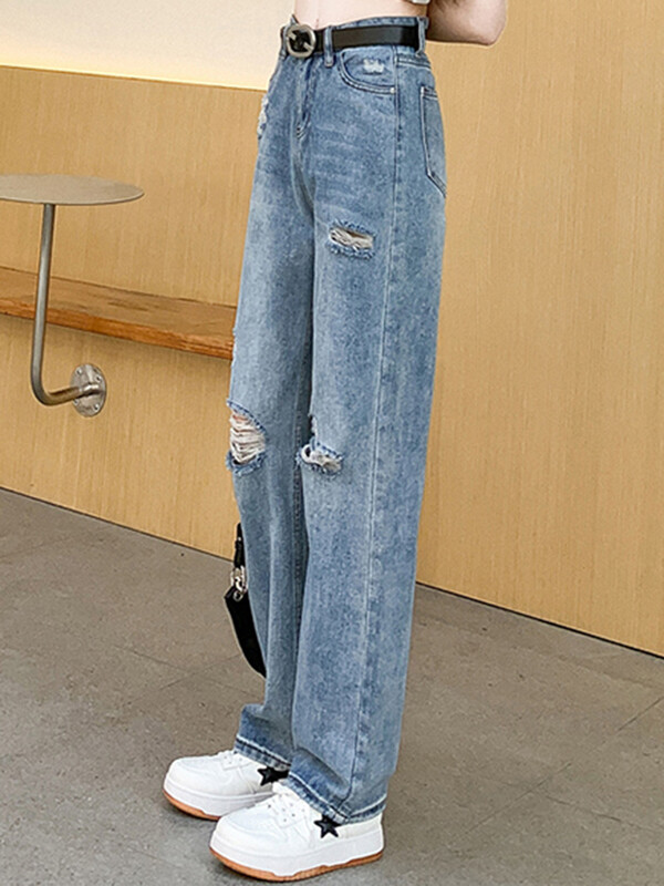 Ženske modne široke poderane traperice ravnih nogavica Ženske ulične hlače s rupama visokog struka Žensko plave cool gotičke prevelike traper hlače