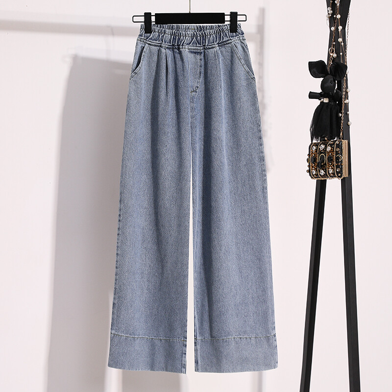 Suured lokkis sirge säärega teksad Naiste kevad/suvised vaba elastse vöökohaga teksapüksid kõrge vöökohaga laia säärega püksid