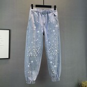 Traper harem hlače s perlama Ženske proljeće ljeto Biserni ukrasi Elastični struk Široke traperice Modni trend Kombinirane hlače