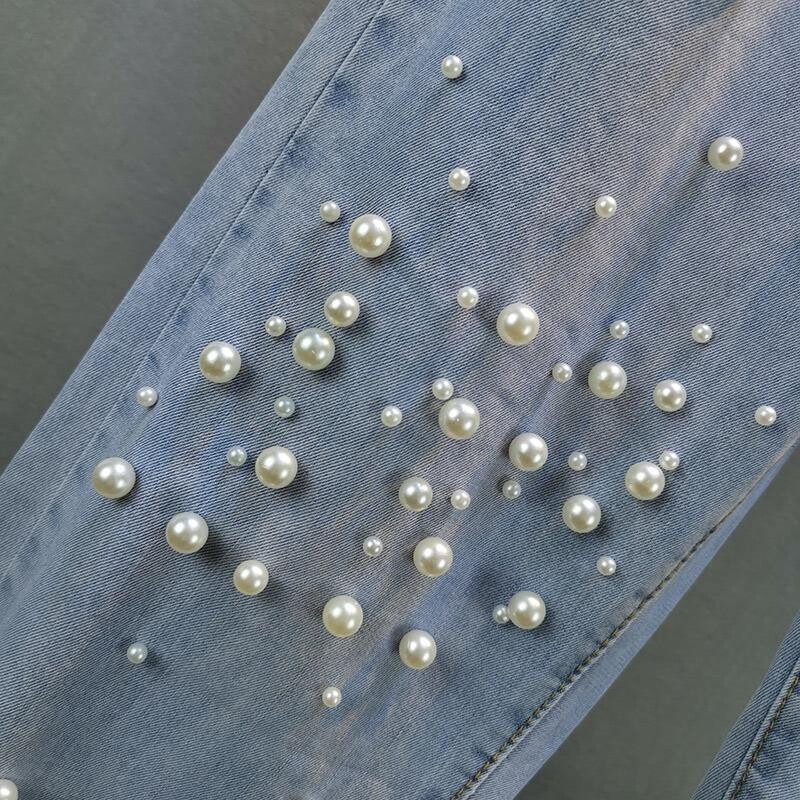 Traper harem hlače s perlama Ženske proljeće ljeto Biserni ukrasi Elastični struk Široke traperice Modni trend Kombinirane hlače