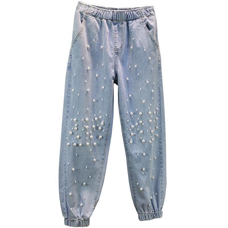 Traper harem hlače s perlama Ženske proljeće ljeto Biserni ukrasi Elastični struk Široke traperice Modni trend Kombinirane hlače