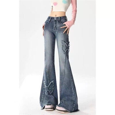 Pantaloni denim Harajuku Y2k Trashy Haina anilor 2000 Blugi evazați albastru pentru femei Baggy Vintage anii 90 Pantaloni cowboy estetici cu talie joasă