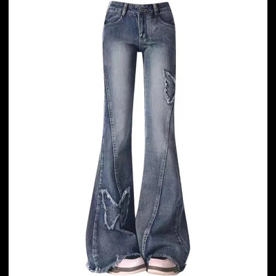 Pantaloni denim Harajuku Y2k Trashy Haina anilor 2000 Blugi evazați albastru pentru femei Baggy Vintage anii 90 Pantaloni cowboy estetici cu talie joasă