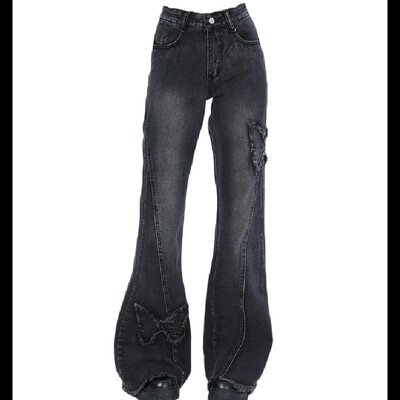 Pantaloni denim Harajuku Y2k Trashy Haina anilor 2000 Blugi evazați albastru pentru femei Baggy Vintage anii 90 Pantaloni cowboy estetici cu talie joasă