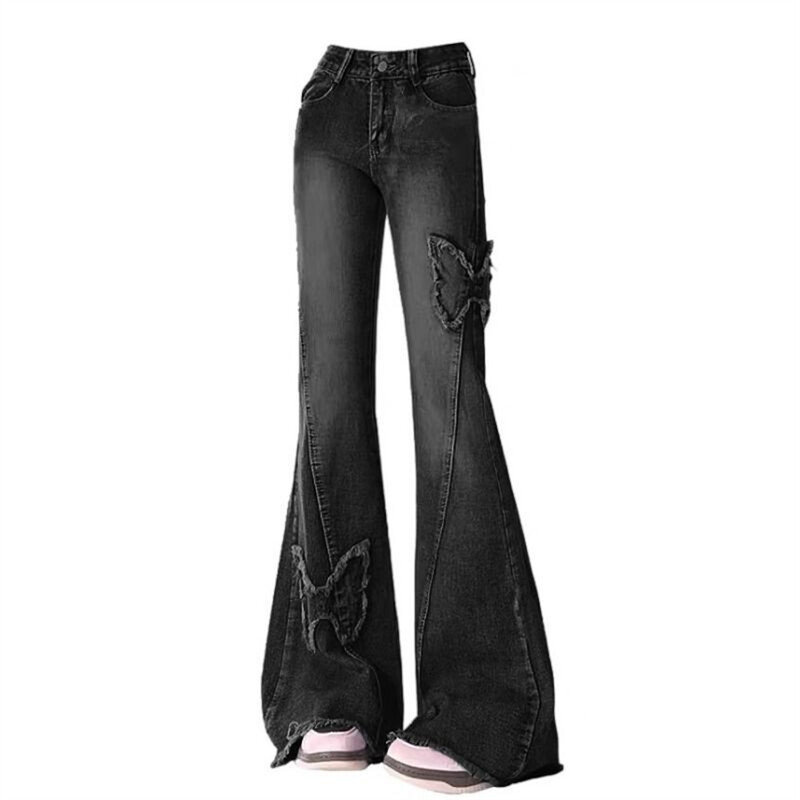 Pantaloni denim Harajuku Y2k Trashy Haina anilor 2000 Blugi evazați albastru pentru femei Baggy Vintage anii 90 Pantaloni cowboy estetici cu talie joasă