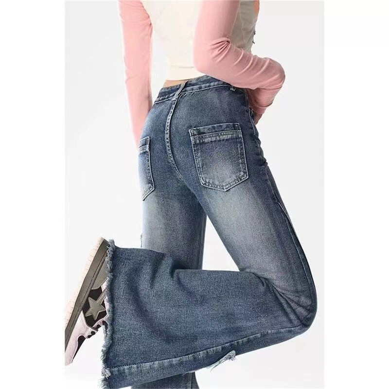 Pantaloni denim Harajuku Y2k Trashy Haina anilor 2000 Blugi evazați albastru pentru femei Baggy Vintage anii 90 Pantaloni cowboy estetici cu talie joasă