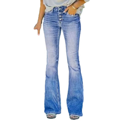 Ženske traperice visokog struka, lepršavi porub Ženske traperice s gradijentom usklađenih boja Hlače na zvonce, uske traper hlače