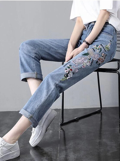 Helesinine tikandid Sirged teksad Naiste kõrge vöökohaga vabaaja vintage pahkluuni ulatuvad teksapüksid Tänavarõivad Stretch Vaqueros teksad