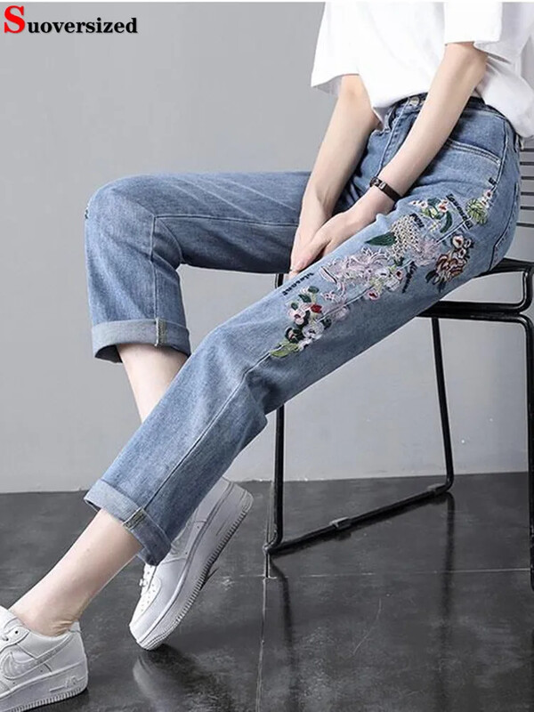 Helesinine tikandid Sirged teksad Naiste kõrge vöökohaga vabaaja vintage pahkluuni ulatuvad teksapüksid Tänavarõivad Stretch Vaqueros teksad