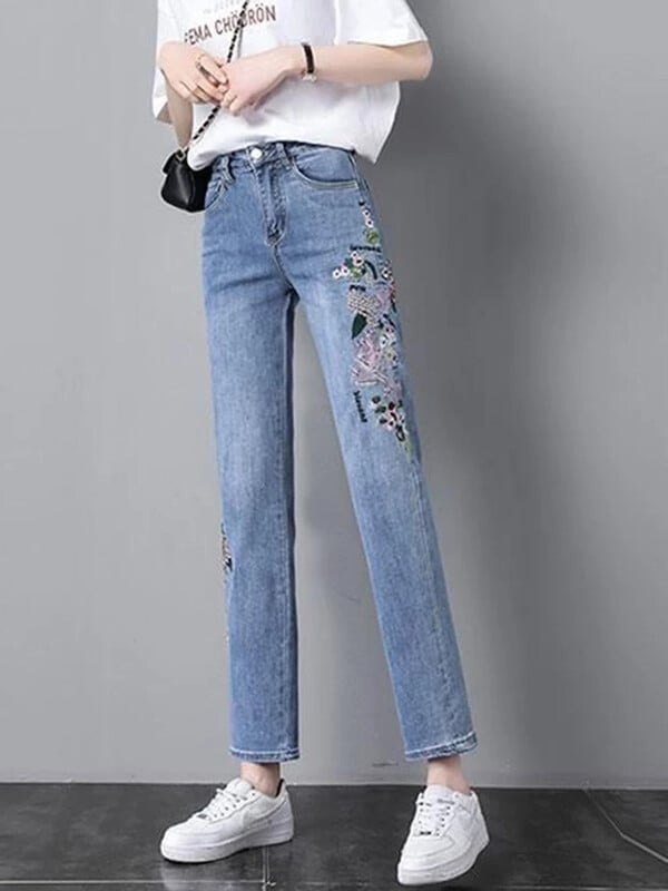 Helesinine tikandid Sirged teksad Naiste kõrge vöökohaga vabaaja vintage pahkluuni ulatuvad teksapüksid Tänavarõivad Stretch Vaqueros teksad