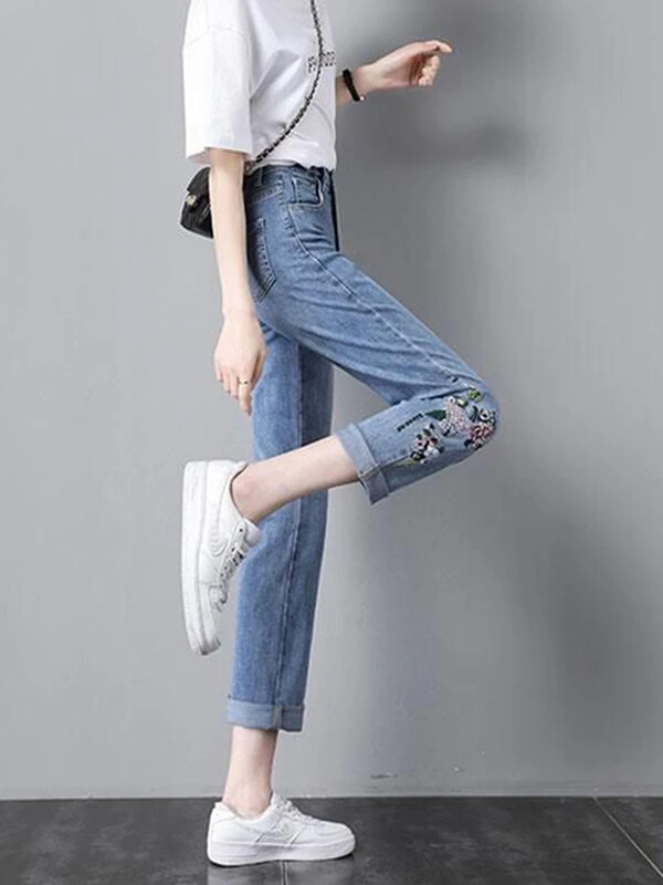 Helesinine tikandid Sirged teksad Naiste kõrge vöökohaga vabaaja vintage pahkluuni ulatuvad teksapüksid Tänavarõivad Stretch Vaqueros teksad