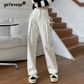 Ženska odjeća Proljeće Jesen Korejska moda Šik traper hlače na vezanje Y2K Ženske jednostavne ležerne bijele ravne traperice visokog struka