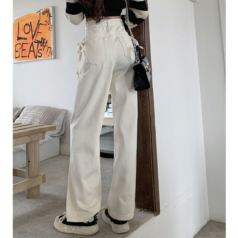 Ženska odjeća Proljeće Jesen Korejska moda Šik traper hlače na vezanje Y2K Ženske jednostavne ležerne bijele ravne traperice visokog struka
