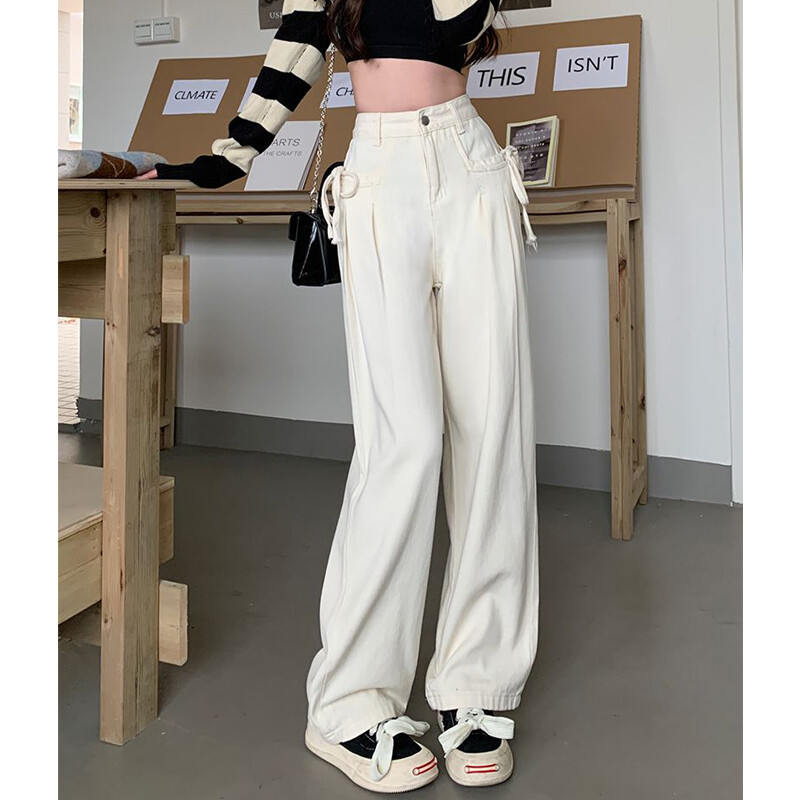 Ženska odjeća Proljeće Jesen Korejska moda Šik traper hlače na vezanje Y2K Ženske jednostavne ležerne bijele ravne traperice visokog struka