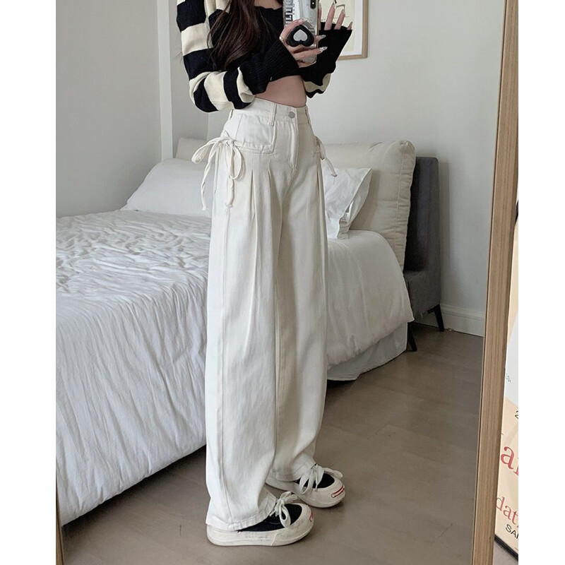 Ženska odjeća Proljeće Jesen Korejska moda Šik traper hlače na vezanje Y2K Ženske jednostavne ležerne bijele ravne traperice visokog struka