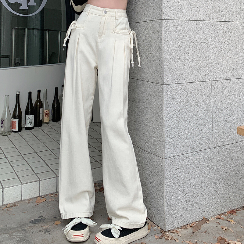 Ženska odjeća Proljeće Jesen Korejska moda Šik traper hlače na vezanje Y2K Ženske jednostavne ležerne bijele ravne traperice visokog struka