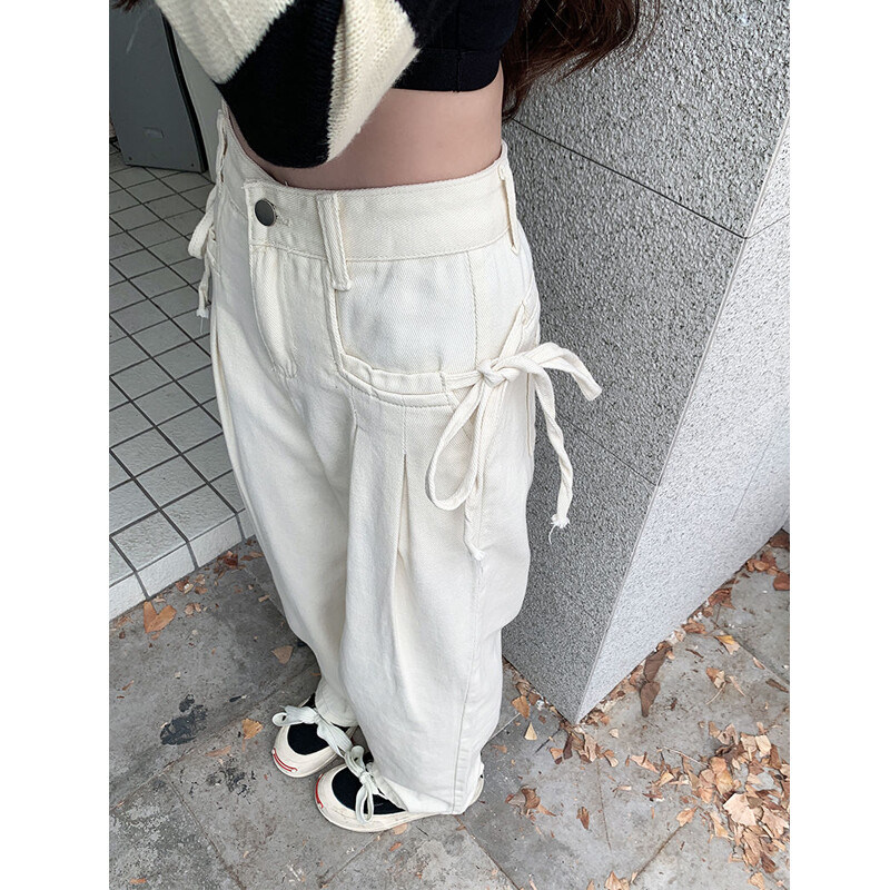 Ženska odjeća Proljeće Jesen Korejska moda Šik traper hlače na vezanje Y2K Ženske jednostavne ležerne bijele ravne traperice visokog struka