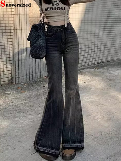 Burr Edge Design Blugi evazați vintage cu talie înaltă Coreea Pantaloni casual skinny din denim Noi femei Streetwear Strecth Boot Cut vaqueros