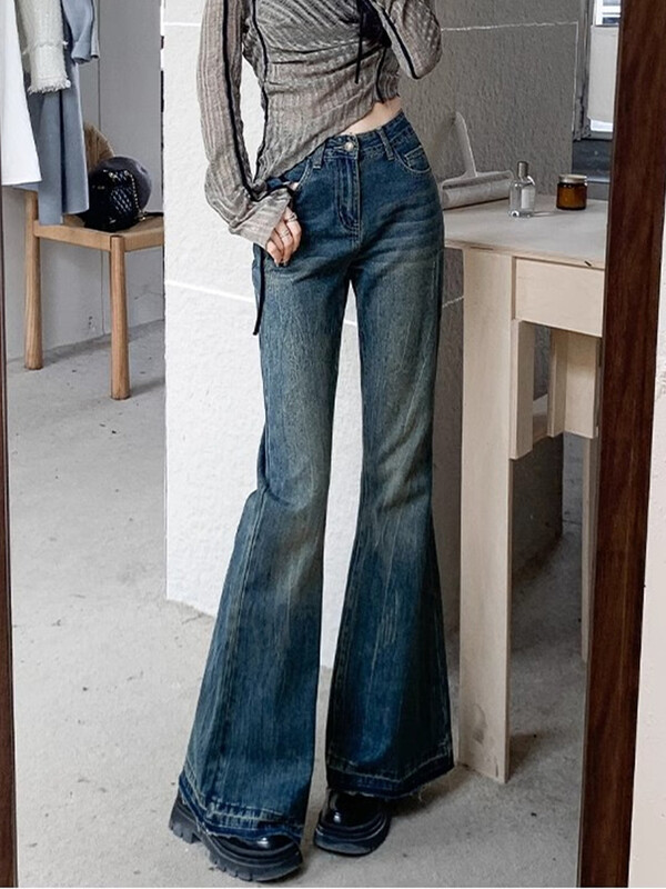 Burr Edge Design Vintage Flare Jeans visokog struka Korejske ležerne uske traper hlače Nova ženska ulična odjeća Strect Boot Cut vaqueros