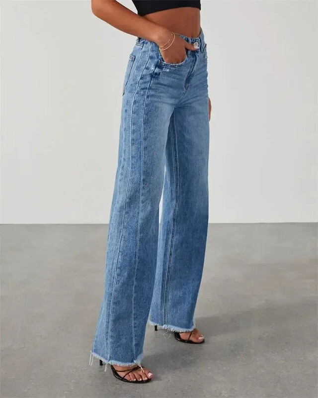 Модни прави дънки с пискюли Дамски дънкови панталони със средна талия и джоб с копчета Женски ежедневни свободни панталони с широки крачоли 2023 Нови