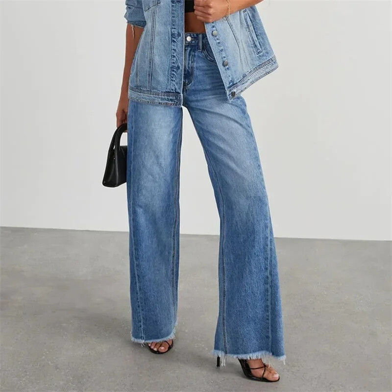 Модни прави дънки с пискюли Дамски дънкови панталони със средна талия и джоб с копчета Женски ежедневни свободни панталони с широки крачоли 2023 Нови