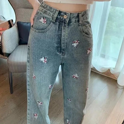 Cu buzunare Pantaloni albaștri cu talie înaltă pentru femei Pantaloni brodați cu picior drept Blugi de damă Estetici Vară Japoneză Y2k