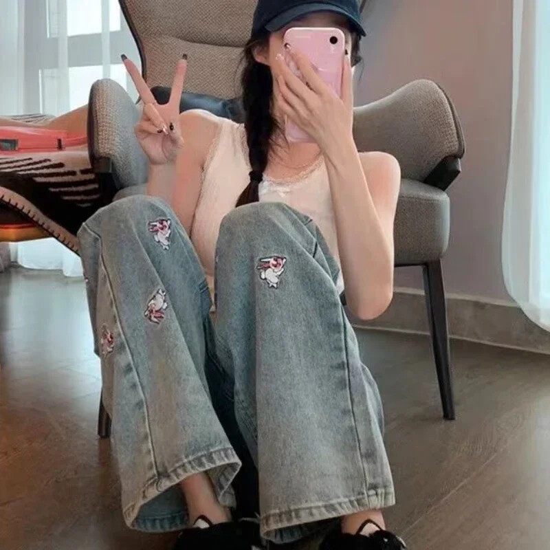 Taskutega Sinised kõrge vöökohaga püksid naistele Tikitud Sirge säärega püksid Naiste teksad Esteetilised suvised Jaapani Y2k