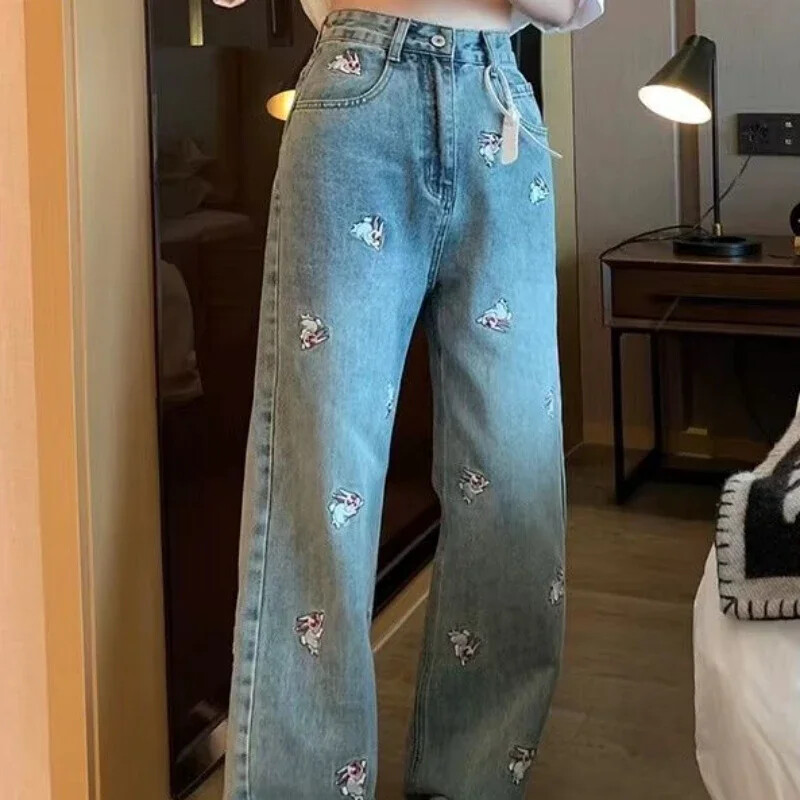 Taskutega Sinised kõrge vöökohaga püksid naistele Tikitud Sirge säärega püksid Naiste teksad Esteetilised suvised Jaapani Y2k