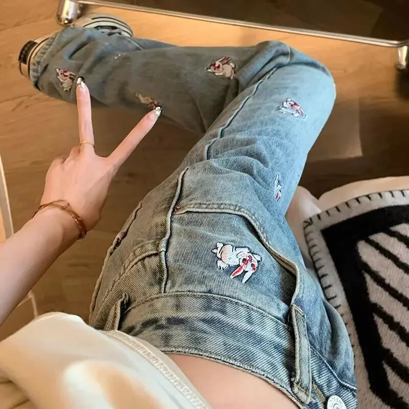 Taskutega Sinised kõrge vöökohaga püksid naistele Tikitud Sirge säärega püksid Naiste teksad Esteetilised suvised Jaapani Y2k