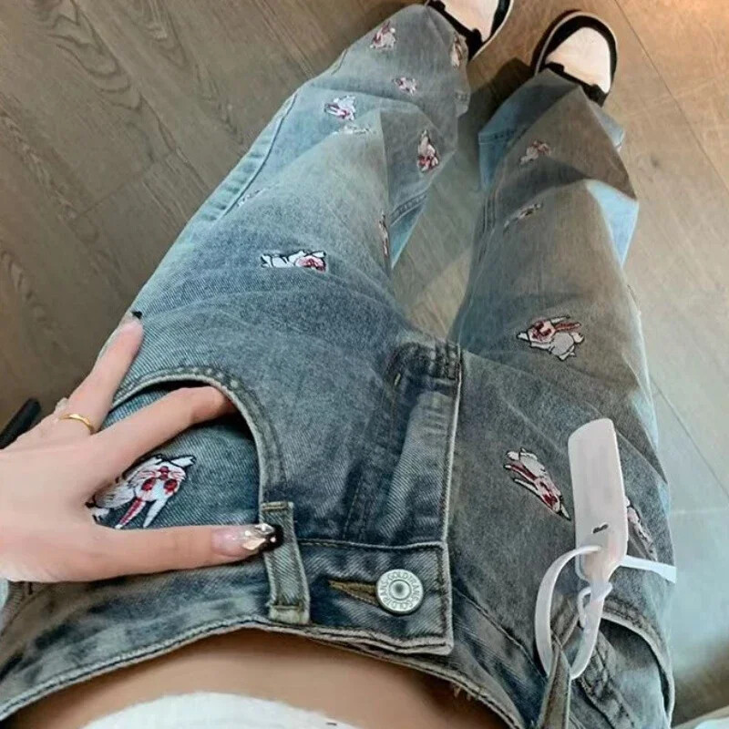 Taskutega Sinised kõrge vöökohaga püksid naistele Tikitud Sirge säärega püksid Naiste teksad Esteetilised suvised Jaapani Y2k